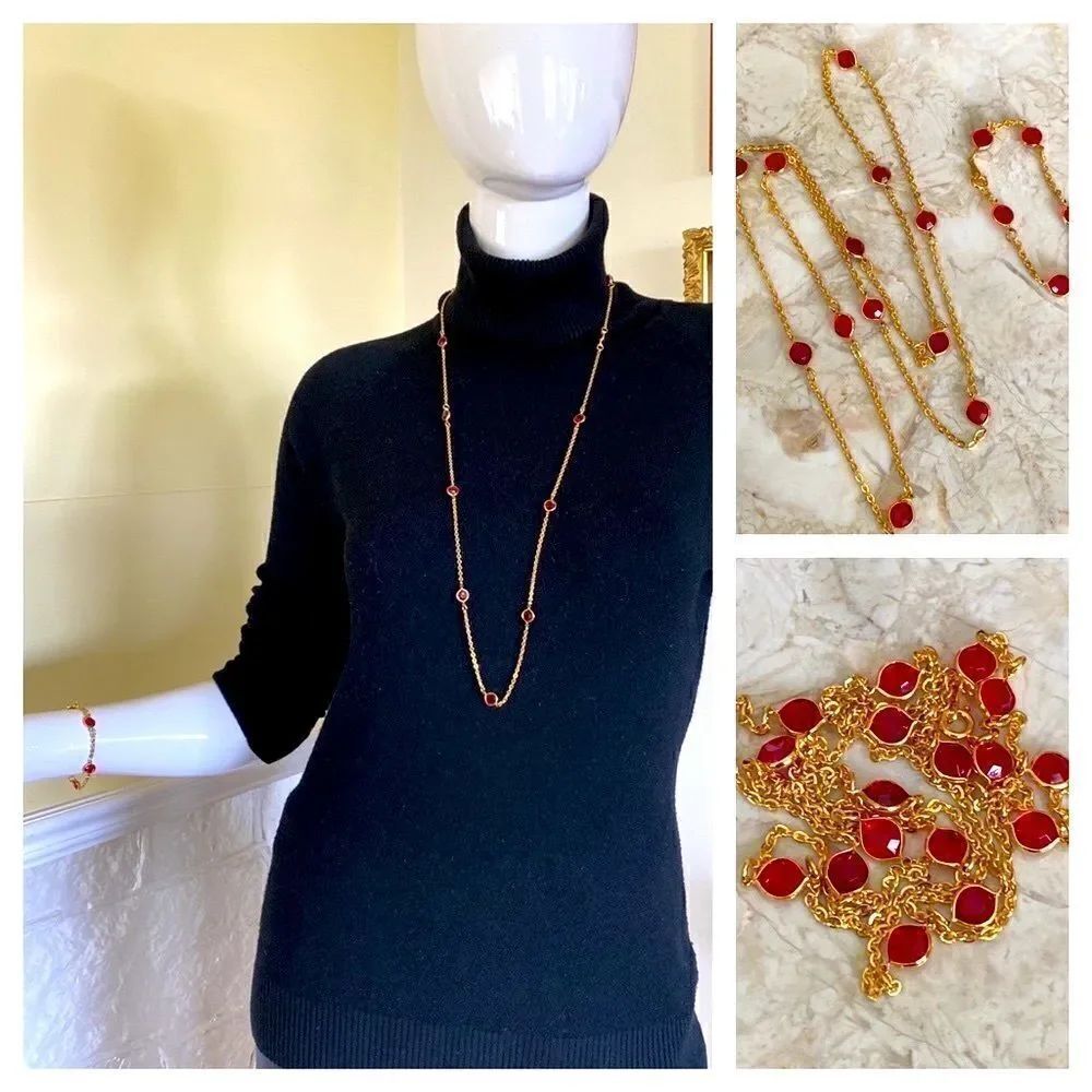New Gold Tone & Faux Rubies Necklace & Bracelet Set